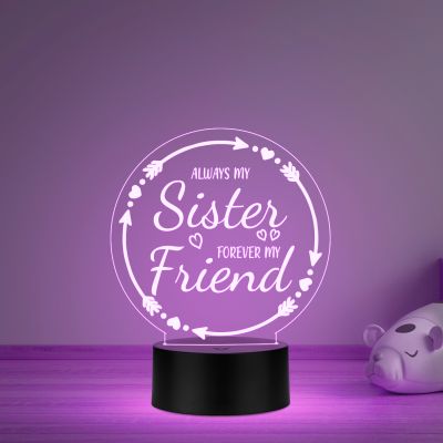 Always My Sister Forever My Friend Heartfelt Quote Acrylic Night Light for Bedroom   Meaningful Birthday & Wedding Gift for Sisters   Multicolored Light & USB Powered